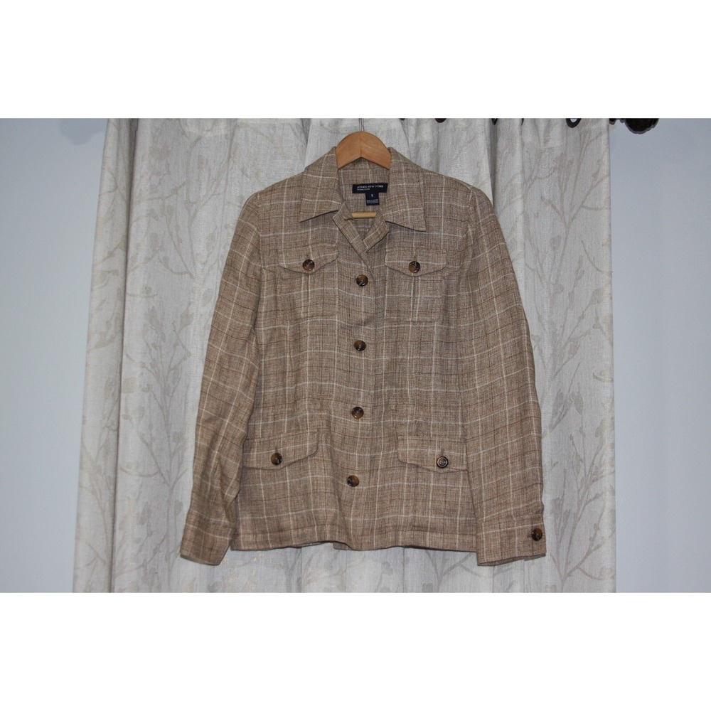 Jones NY Jacket SM‎ Plaid Linen Blend Cargo Safari Beige Career